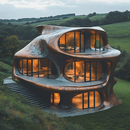 3D render of a modern building in the countryside with a beautiful viewの素材