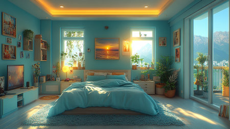 3d render of bedroom interior in a modern style with blue wallsの素材