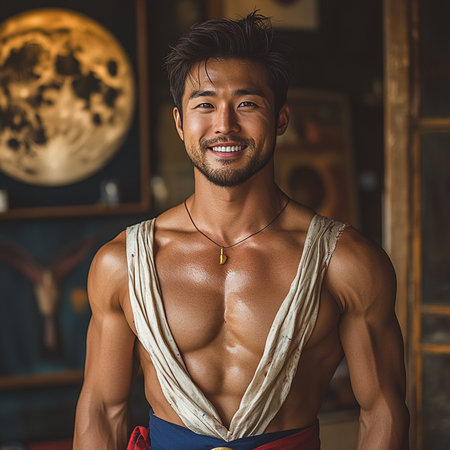Portrait of a handsome young man with a muscular body in a gymの素材