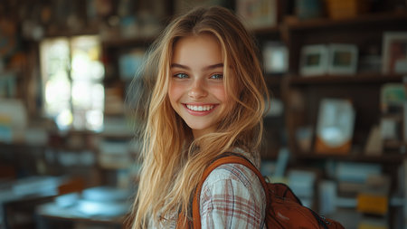 Portrait of a smiling young woman with backpack in a cafe.の素材