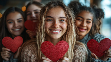 Portrait of smiling young woman holding red hearts in front of her friendsの素材