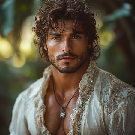 Portrait of a handsome young man with long curly hair, wearing a white shirt.の素材