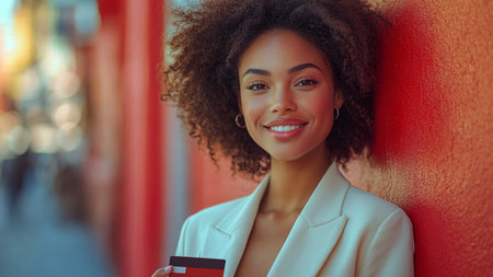 Beautiful african american woman with afro hairstyle holding credit card and smiling.の素材
