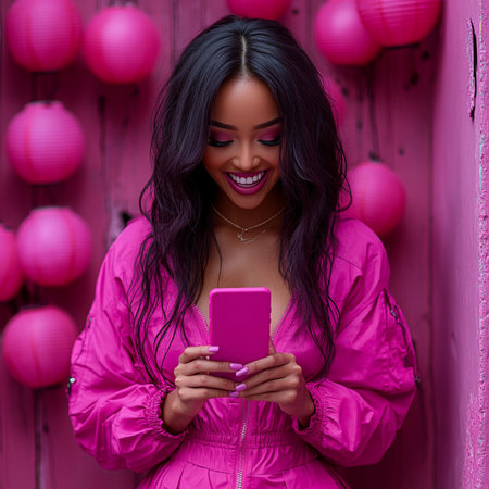 Young african american woman in pink jacket using smartphone on pink backgroundの素材