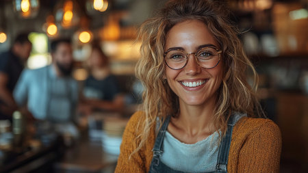 Portrait of smiling female barista standing in coffee shop and looking at cameraの素材
