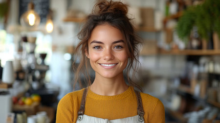 Portrait of beautiful young woman smiling at camera while standing in cafeの素材