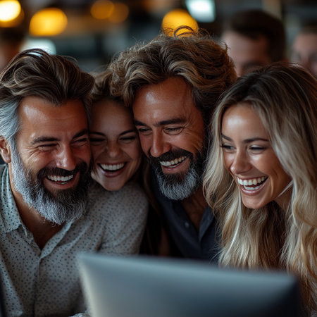 Happy group of business people looking at laptop screen. Business people working together in office.の素材
