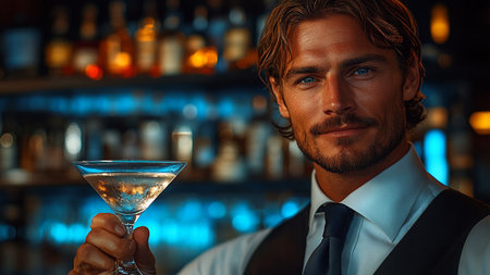 Handsome bartender holding a glass of martini in a nightclubの素材