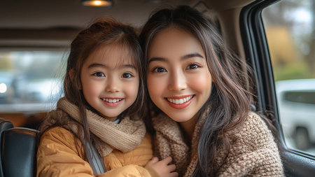 Portrait of beautiful Asian mother and little daughter smiling in carの素材