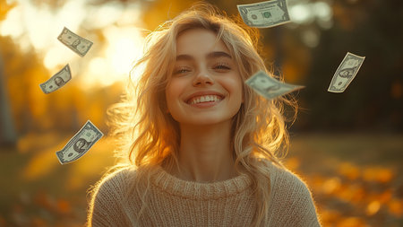 Happy young woman with dollar banknotes flying in the air in autumn parkの素材
