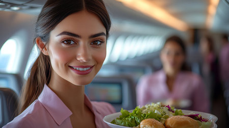 Beautiful young woman with fresh salad on board of airplane, closeupの素材