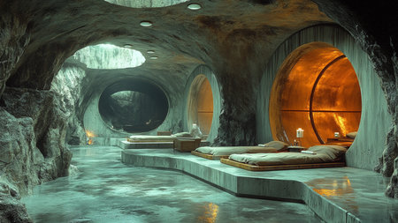 3D CG rendering of the cave and the bed room with lightingの素材