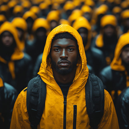 Portrait of a black man in a yellow raincoat on the street.の素材