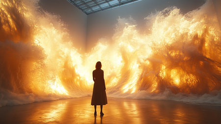 Silhouette of a woman in a room with a futuristic interiorの素材