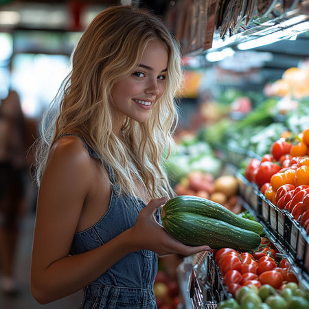 Portrait of beautiful young woman choosing zucchini in grocery storeの素材