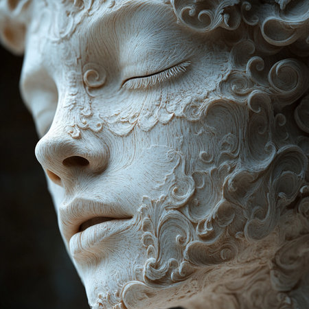 Close-up of the face of a marble statue in a museumの素材