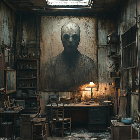 Abandoned industrial interior with a human figure and a table lampの素材