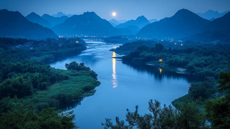 Mountain landscape at night in Yangshuo Guilin, China.の素材