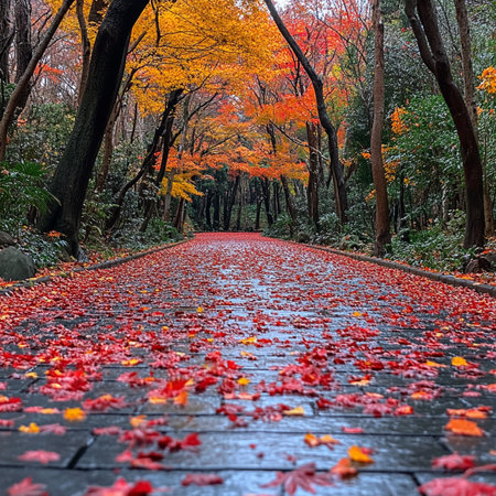 Autumn walkway in the park with red maple leaves in autumn seasonの素材