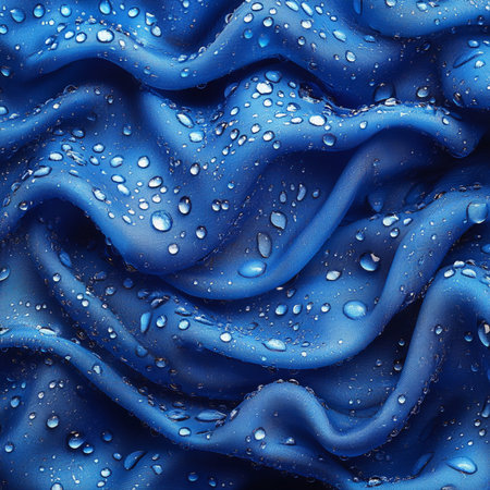 Blue fabric with water drops close up. 3d rendering, 3d illustration.の素材