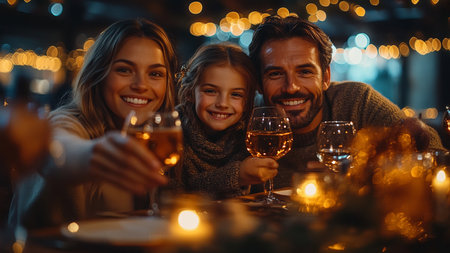 Cheerful family is drinking wine and smiling. They are sitting at the table and looking at camera.の素材