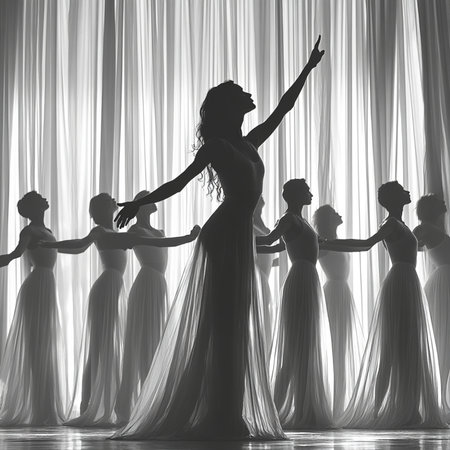 Silhouette of beautiful ballerina dancing in white dress.の素材