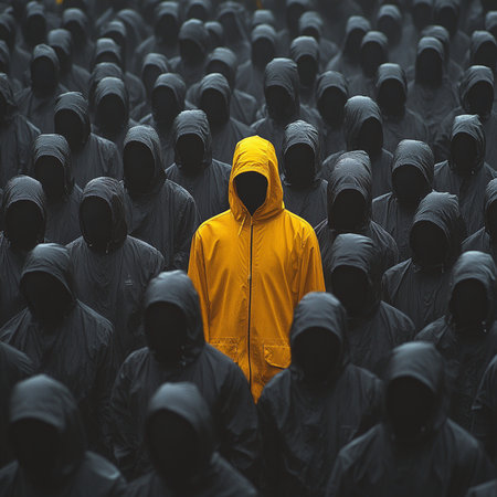 Crowd of people in a raincoat standing in a row on the streetの素材