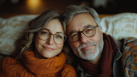 Portrait of happy senior couple in warm clothes lying on sofa at homeの素材