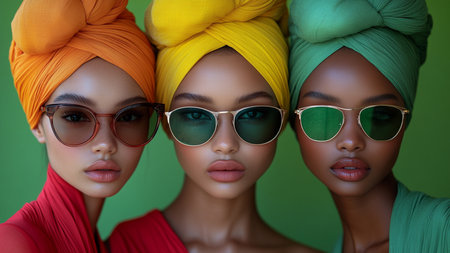Three beautiful African American women in turban and sunglasses. Fashion shot.の素材