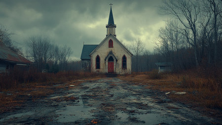 Abandoned church in the middle of the forest. Dramatic sky.の素材