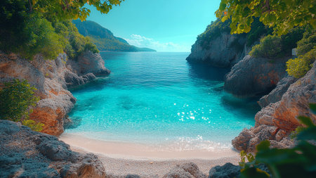 Tropical beach with turquoise water and green foliage.の素材