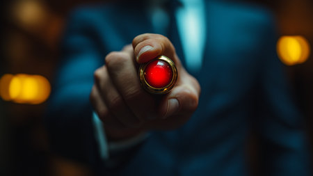 Businessman holding a red button on a blurred background. Business conceptの素材