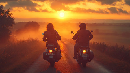 Motorcyclists on the road at sunset. Bikers travel in the countryside.の素材