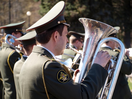 Military brass band on the war parade in honour of victory in World war two. Russia, Saint-Petersburgのeditorial素材