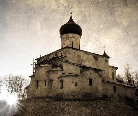 Russian orthodoxy church- vintage and faded postcard     
