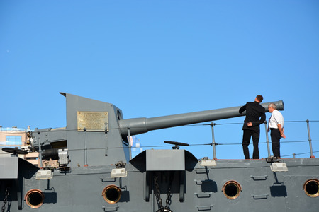 SAINT-PETERSBURG, RUSSIA, SEPTEMBER 06, 2014: Cruiser Aurora at the St. Petersburg. It is a symbol of Russian revolution 1917のeditorial素材