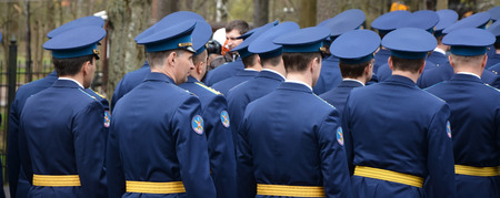 SAINT-PETERSBURG, RUSSIA- MAY 09: A group of an unidentified soldiers goes on the street to...