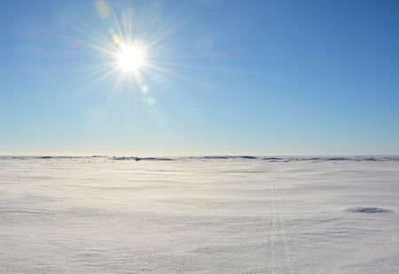 Polar landscape- frozen sea shore with sun and ski tracksの写真素材