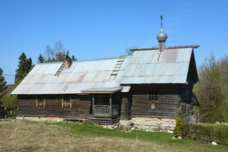 Old wooden church in Staraya Ladoga townの写真素材