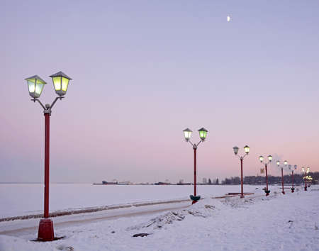 Petrozavodsk city embankment on the sunset. Onego lake bank in Petrozavodsk, Russia
