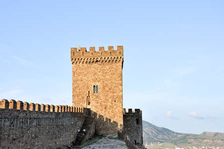 SUDAK, CRIMEA â€“ JUNE 10, 2019: Genoese fortress of the 14th century in the Sudak bay on the...