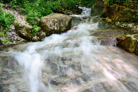 Small mountain creek with waterfall at the Abkhazian forest, Kodori gorge