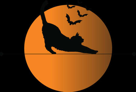 Sleepy cat walking on a string stretched in the middle of the moon over which bats flyのイラスト素材