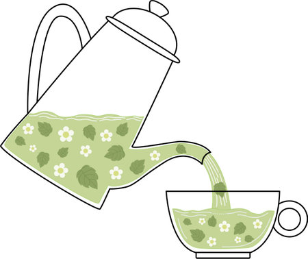 teapot with green tea and a cupのイラスト素材