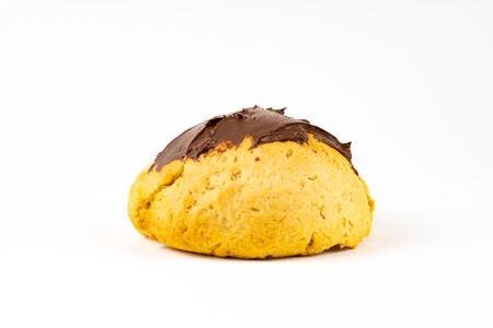 A cookie cake with chocolate on white background with copy spaceの写真素材