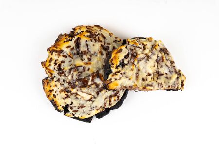 A cookie cake with chocolate on white background with copy spaceの写真素材