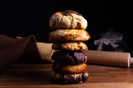 A tower built of a many different cookie cakesの写真素材