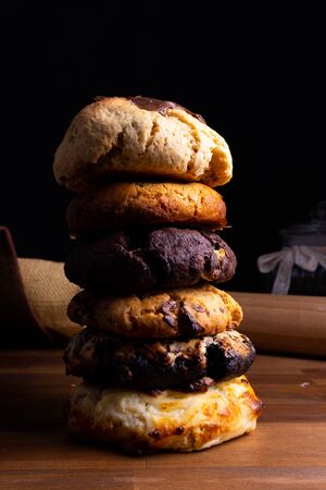 A tower built of a many different cookie cakesの写真素材
