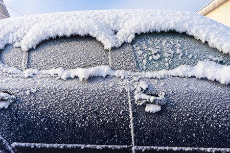 frozen car. the side of the car, doors and handles covered with snow and frost.の写真素材