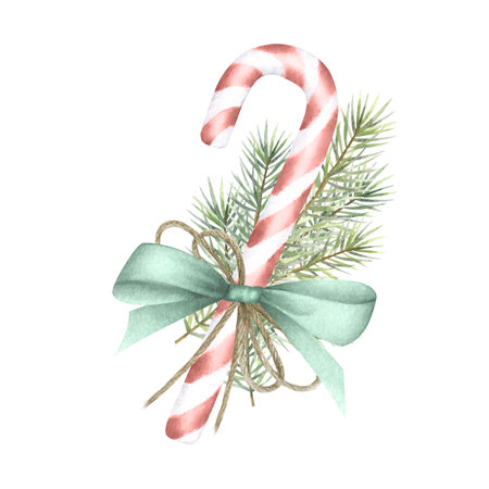 Christmas candy cane with fir branch tied green bow and twine. Hand drawn watercolor isolated illustration. Composition for Happy New Year greeting card template, invite, festive packaging and design.の写真素材